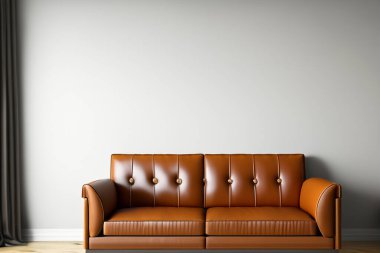 Oturma odası. Boş duvar arkası deri koltuklu oturma odası. Modern oturma odasının içinde siyah deri koltuk ve lamba var. Kanepesi ve sehpası olan modern oturma odası..