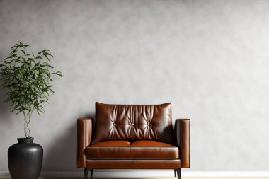 Oturma odası. Boş duvar arkası deri koltuklu oturma odası. Modern oturma odasının içinde siyah deri koltuk ve lamba var. Kanepesi ve sehpası olan modern oturma odası..