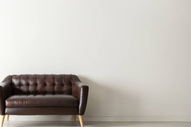 Oturma odası. Boş duvar arkası deri koltuklu oturma odası. Modern oturma odasının içinde siyah deri koltuk ve lamba var. Kanepesi ve sehpası olan modern oturma odası..