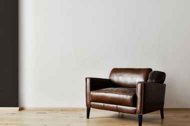 Oturma odası. Boş duvar arkası deri koltuklu oturma odası. Modern oturma odasının içinde siyah deri koltuk ve lamba var. Kanepesi ve sehpası olan modern oturma odası..
