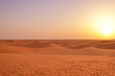 Çöl. Dunset çölde. Dubai 'de çöl. Umman 'daki boş bölge ve açık kum tepeciği El Khali' yi ovuyor. Panoramik. Sahra Çölü 'nde mavi gökyüzü olan altın kum tepeciklerinin manzarası.