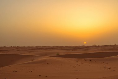 Çöl. Dunset çölde. Dubai 'de çöl. Umman 'daki boş bölge ve açık kum tepeciği El Khali' yi ovuyor. Panoramik. Sahra Çölü 'nde mavi gökyüzü olan altın kum tepeciklerinin manzarası.