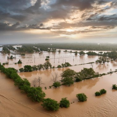 Flood. Aerial view of flood. Flash flood. Flooded village in lowland of Great river. Street after heavy rain. Disaster. Severe weather concept. Valencia. Spain. torrential. Flooding. Albacete. Barcelona. Zaragoza