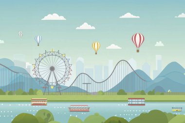 Tema parkı. Dönme dolabı olan lunapark temalı. Lunapark görüntüsü. Oyunlar ve TRPG için arka plan olarak kullanılabilecek tema parkı.