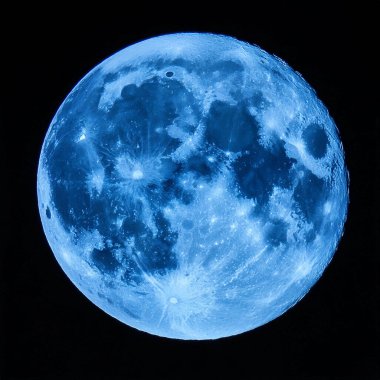 Blue Moon. Cold moon. Full moon. Super full moon. 15 December 2024. Super full moon with dark background. Moon. Supermoon. Blue super moon glowing with blue halo surrounded by small stars on black sky background.