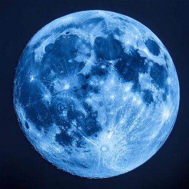 Blue Moon. Cold moon. Full moon. Super full moon. 15 December 2024. Super full moon with dark background. Moon. Supermoon. Blue super moon glowing with blue halo surrounded by small stars on black sky background.