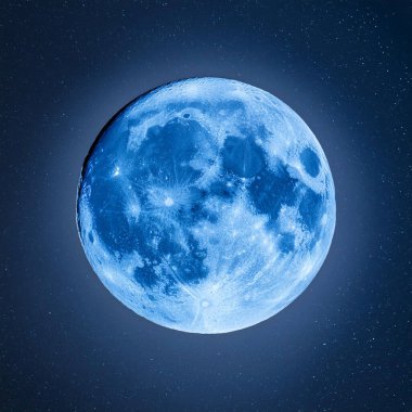 Blue Moon. Cold moon. Full moon. Super full moon. 15 December 2024. Super full moon with dark background. Moon. Supermoon. Blue super moon glowing with blue halo surrounded by small stars on black sky background.