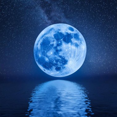 Blue Moon. Cold moon. Full moon. Super full moon. 15 December 2024. Super full moon with dark background. Moon. Supermoon. Blue super moon glowing with blue halo surrounded by small stars on black sky background.