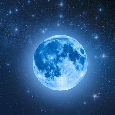 Blue Moon. Cold moon. Full moon. Super full moon. 15 December 2024. Super full moon with dark background. Moon. Supermoon. Blue super moon glowing with blue halo surrounded by small stars on black sky background.
