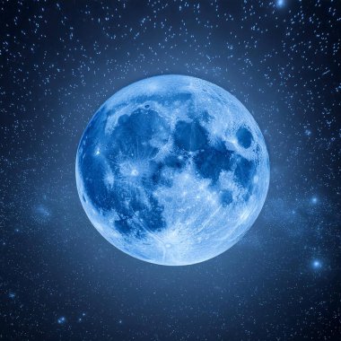 Blue Moon. Cold moon. Full moon. Super full moon. 15 December 2024. Super full moon with dark background. Moon. Supermoon. Blue super moon glowing with blue halo surrounded by small stars on black sky background.