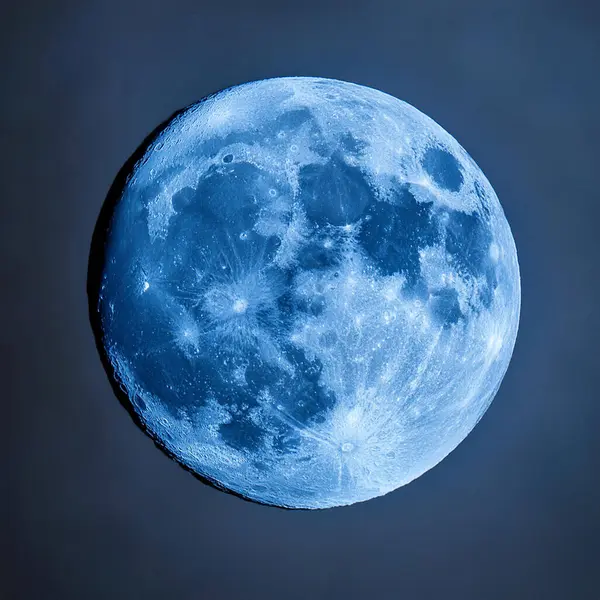 Blue Moon. Cold moon. Full moon. Super full moon. 15 December 2024. Super full moon with dark background. Moon. Supermoon. Blue super moon glowing with blue halo surrounded by small stars on black sky background.