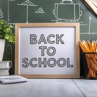 Okula dönelim. - Okul. Sınıfta masa, masa ve sandalyelerle okul konseptine geri dönelim ve tahtada 2024 'e dönelim. Sırt çantasında okul malzemeleri var..
