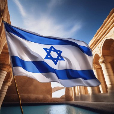 İsrail bayrağı. Mavi gökyüzünün arka planında İsrail ulusal bayrağı. Bir bayrak için İsrail bayrağı. Beyaz arka plan. Netanyahu ve savaşa karşı Tel Aviv 'de büyük bir gösteri..