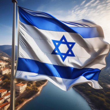 İsrail bayrağı. Mavi gökyüzünün arka planında İsrail ulusal bayrağı. Bir bayrak için İsrail bayrağı. Beyaz arka plan. Netanyahu ve savaşa karşı Tel Aviv 'de büyük bir gösteri..
