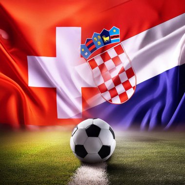 İsviçreli Hırvatistan. İsviçre bayrağı. Hırvatistan bayrağı. İkisinin de sahip olduğu parti çatışmasından dolayı birleşik bayraklar. Futbol maçı. Avrupai. Avro. 2024. UEFA Avrupa Şampiyonası. Arka planda futbol topu