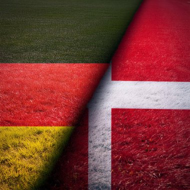 Almanya. Danimarka. Almanya bayrağı. Danimarka bayrağı. İkisinin de sahip olduğu parti çatışmasından dolayı birleşik bayraklar. Futbol maçı. Avrupai. Avro. 2024. UEFA Avrupa Şampiyonası
