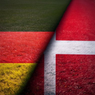 Almanya. Danimarka. Almanya bayrağı. Danimarka bayrağı. İkisinin de sahip olduğu parti çatışmasından dolayı birleşik bayraklar. Futbol maçı. Avrupai. Avro. 2024. UEFA Avrupa Şampiyonası