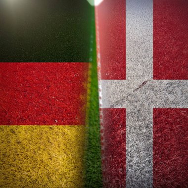 Almanya. Danimarka. Almanya bayrağı. Danimarka bayrağı. İkisinin de sahip olduğu parti çatışmasından dolayı birleşik bayraklar. Futbol maçı. Avrupai. Avro. 2024. UEFA Avrupa Şampiyonası