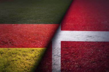Almanya. Danimarka. Almanya bayrağı. Danimarka bayrağı. İkisinin de sahip olduğu parti çatışmasından dolayı birleşik bayraklar. Futbol maçı. Avrupai. Avro. 2024. UEFA Avrupa Şampiyonası.