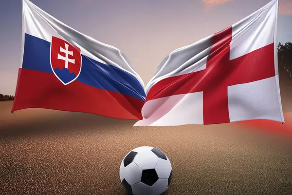 İngiltere. Slovakya. İngiltere bayrağı. Slovakya bayrağı. İkisinin de sahip olduğu parti çatışmasından dolayı birleşik bayraklar. Futbol maçı. Avrupai. Avro. 2024. UEFA Avrupa Şampiyonası.