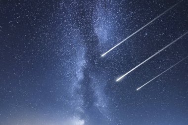 Meteors shower. Delta Aquarids. The Perseids. July 2024. A night sky with meteors shower. Concept of astronomy, cosmos, space exploration. clipart