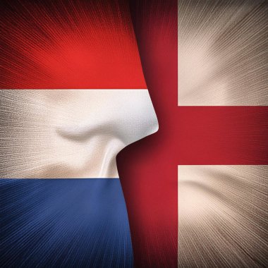 Hollanda 'da. İngiltere. Hollanda bayrağı. İngiltere bayrağı. İkisinin de sahip olduğu parti çatışmasından dolayı birleşik bayraklar. Futbol maçı. Avrupai. Avro. 2024. UEFA Avrupa Şampiyonası.