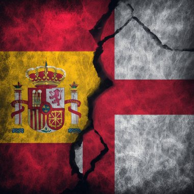 Spain VS England. Spain flag. England flag. Joint flags due to the party confrontation that both have. Football game. Eurocup. Euro. 2024. Final. UEFA European Championship. National flags. Render. Final euro 2024. 14 July 2024