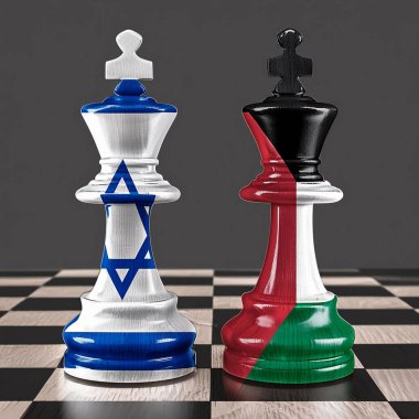 Filistin ve İsrail çatışması. İsrail Filistin 'e karşı (Savaş krizi, politik çatışma). Çatlamış beton arka plan. İsrail Hamas 'a karşı. Mermiler. Satranç taşları