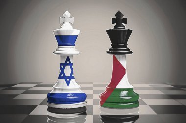 Filistin ve İsrail çatışması. İsrail Filistin 'e karşı (Savaş krizi, politik çatışma). Çatlamış beton arka plan. İsrail Hamas 'a karşı. Mermiler. Satranç taşları