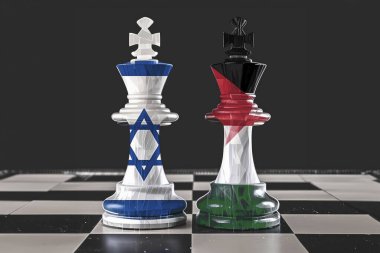 Filistin ve İsrail çatışması. İsrail Filistin 'e karşı (Savaş krizi, politik çatışma). Çatlamış beton arka plan. İsrail Hamas 'a karşı. Mermiler. Satranç taşları