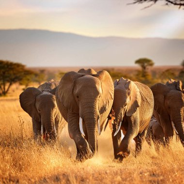 - Fil. Bir vahşi fil sürüsü bozkırda yürüyor. Afrika fili (Loxodonta africana) kameraya bakarak savanda yürüyen boğa. Bir fil kafasının yakınına.