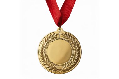 Şeffaf beyaza izole edilmiş kurdeleli altın madalya. Eyfel Kulesi arka planı. Paris, Fransa 'da 2024 Olimpiyat Oyunları.