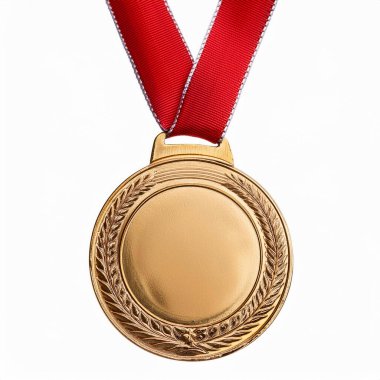 Şeffaf beyaza izole edilmiş kurdeleli altın madalya. Eyfel Kulesi arka planı. Paris, Fransa 'da 2024 Olimpiyat Oyunları.