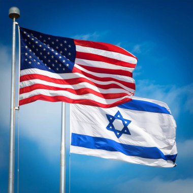 ABD İsrail 'e karşı. Her iki ülkenin bayrağı. Lider Benjamin Netanyahu 'nun Beyaz Saray ziyareti Washington' daki Kongre binasının kapısında protestolara yol açtı..
