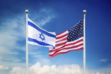 ABD İsrail 'e karşı. Her iki ülkenin bayrağı. Lider Benjamin Netanyahu 'nun Beyaz Saray ziyareti Washington' daki Kongre binasının kapısında protestolara yol açtı..