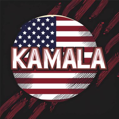 Kamala Harris. ABD seçimleri. 2024. Yazan Kamala Harris. Amerikan bayrağı. Arka planda Amerikan bayrakları, bulanık arka plan. Başkanlık seçimi için oy veriyorum. 5 Kasım 2024.