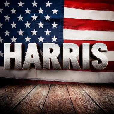 Kamala Harris. ABD seçimleri. 2024. Yazan Kamala Harris. Amerikan bayrağı. Arka planda Amerikan bayrakları, bulanık arka plan. Başkanlık seçimi için oy veriyorum. 5 Kasım 2024.