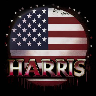 Kamala Harris. ABD seçimleri. 2024. Yazan Kamala Harris. Amerikan bayrağı. Arka planda Amerikan bayrakları, bulanık arka plan. Başkanlık seçimi için oy veriyorum. 5 Kasım 2024.