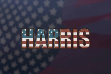 Kamala Harris. ABD seçimleri. 2024. Yazan Kamala Harris. Amerikan bayrağı. Arka planda Amerikan bayrakları, bulanık arka plan. Başkanlık seçimi için oy veriyorum. 5 Kasım 2024.