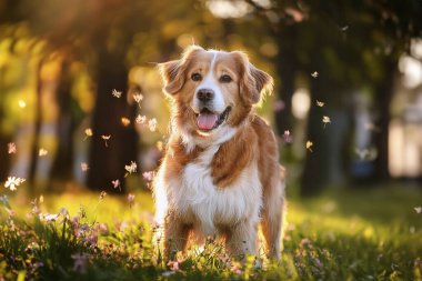 Köpek. Kameraya bakan sevimli bir köpek. Kapatın köpekleri. Parkta oynayan sevimli bir köpek. Seçici odaklanma. Bir araştırmanın geçmişi. Karton kutunun üzerindeki köpek. Köpek yerde yatıyor..