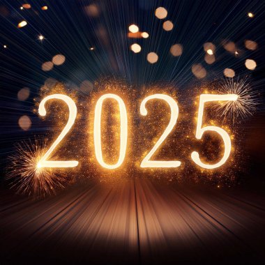 2025 yılı. Mutlu yıllar 2025. Parlak bir yeni yıl. 2025 balon. 2024 'ten 2025' e kadar tahta blok. Yeni bir yıla giriyoruz. Arkaplan tasarımı ve tebrikler. Havai fişeklerle tasarım.