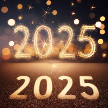 2025 yılı. Mutlu yıllar 2025. Parlak bir yeni yıl. 2025 balon. 2024 'ten 2025' e kadar tahta blok. Yeni bir yıla giriyoruz. Arkaplan tasarımı ve tebrikler. Havai fişeklerle tasarım.