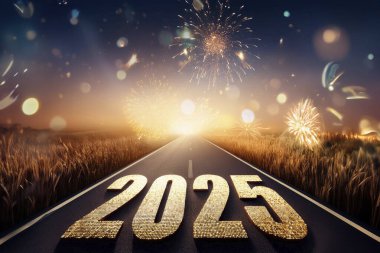 2025 yılı. Mutlu yıllar 2025. Parlak bir yeni yıl. 2025 balon. 2024 'ten 2025' e kadar tahta blok. Yeni bir yıla giriyoruz. Arkaplan tasarımı ve tebrikler. Havai fişeklerle tasarlandı. Boşluk.