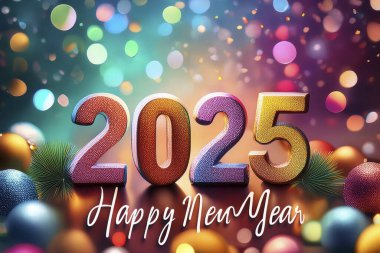 2025. Happy New Year 2025. Sparkling New Year. 2025 balloons. Wooden block with change from 2024 to 2025. Heading to a new year. Background design and congratulations. Design with fireworks. Space. clipart