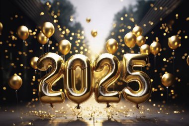 2025. Happy New Year 2025. Sparkling New Year. 2025 balloons. Wooden block with change from 2024 to 2025. Heading to a new year. Background design and congratulations. Design with fireworks. Space. clipart