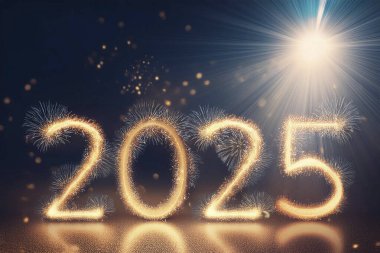 2025 yılı. Mutlu yıllar 2025. Parlak bir yeni yıl. 2025 balon. 2024 'ten 2025' e kadar tahta blok. Yeni bir yıla giriyoruz. Arkaplan tasarımı ve tebrikler. Havai fişeklerle tasarlandı. Boşluk.