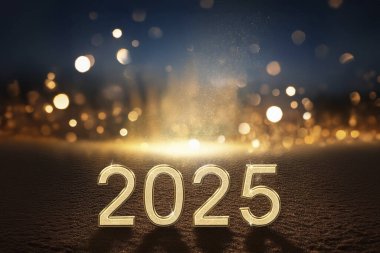 2025. Happy New Year 2025. Sparkling New Year. 2025 balloons. Wooden block with change from 2024 to 2025. Heading to a new year. Background design and congratulations. Design with fireworks. Space. clipart