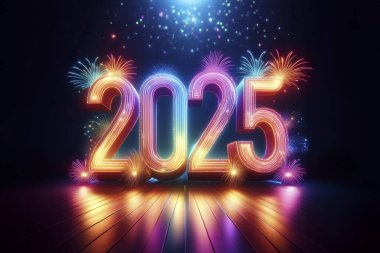 2025 yılı. Mutlu yıllar 2025. Parlak bir yeni yıl. 2025 balon. 2024 'ten 2025' e kadar tahta blok. Yeni bir yıla giriyoruz. Arkaplan tasarımı ve tebrikler. Havai fişeklerle tasarlandı. Boşluk.