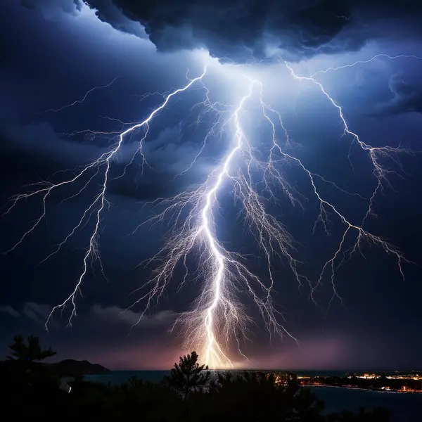 stock image Lightning. Lightning strike. Spectacular night view of a lightning bolt streaking across the dark blue sky. Lightning and thunder and flashes. Clouds and silhouettes of trees are visible.