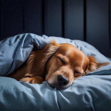 Köpek yatakta uyuyor. Dünya Uyku Günü. Yatakta birlikte uyumak. 25 Eylül 2024.